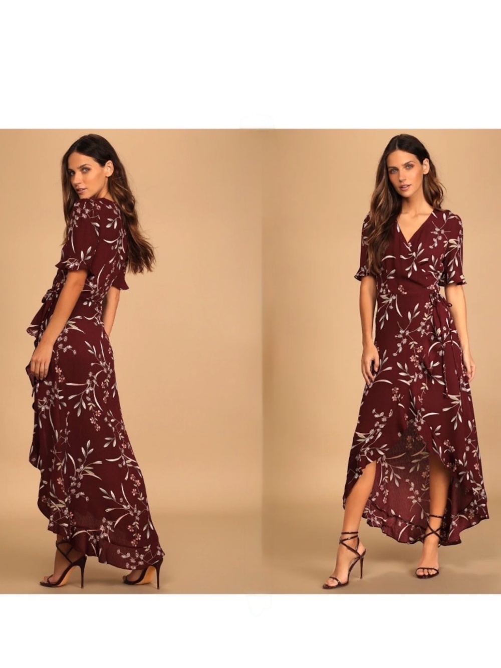 NWOT Lulus Wild Winds Burgundy Floral Print High-Low Wrap Dress M